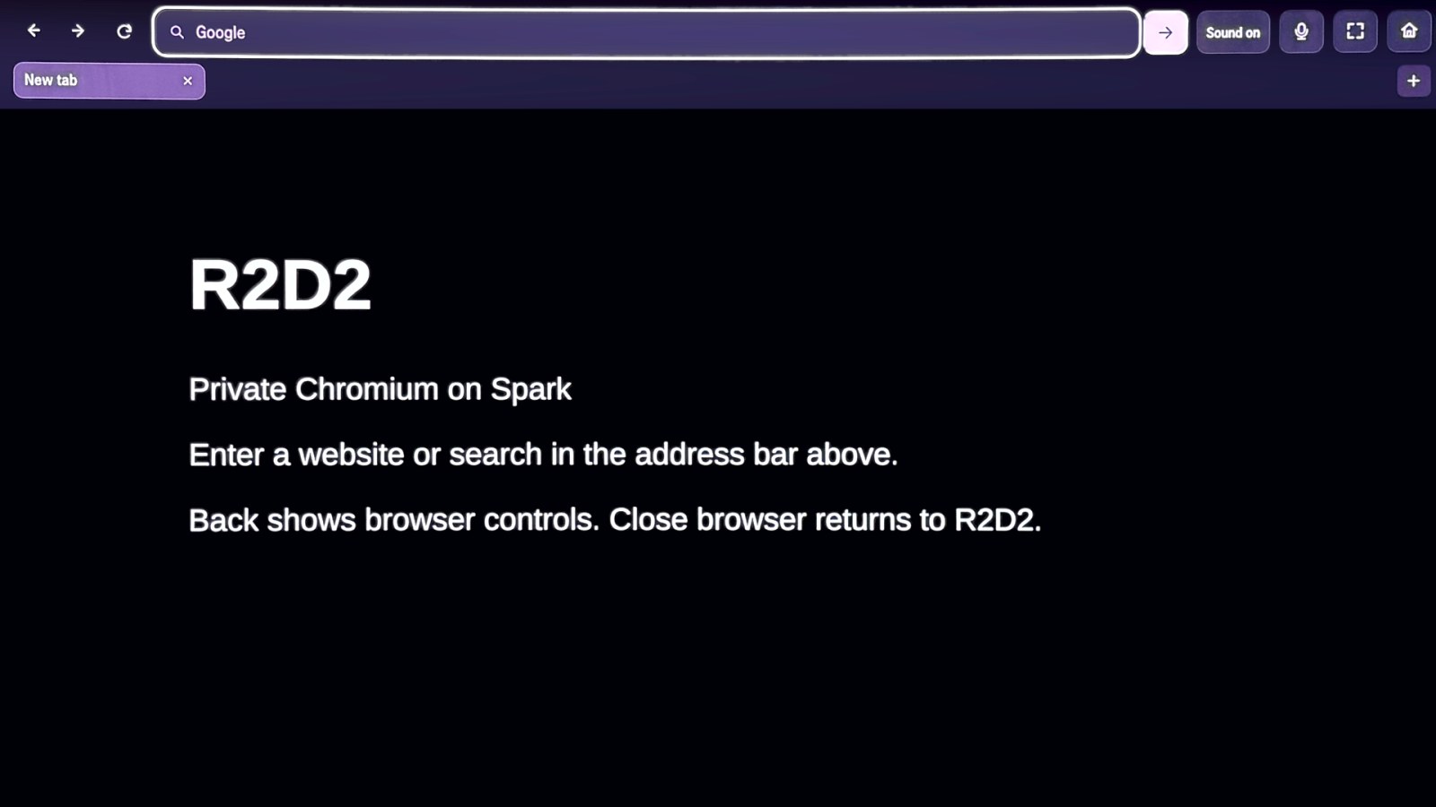 R2D2 Browser on the TV: back, forward and reload buttons, a Google address bar, Go, Sound on, mic, fullscreen and Home buttons, one 'New tab' tab, and a black page reading 'Private Chromium on Spark'.