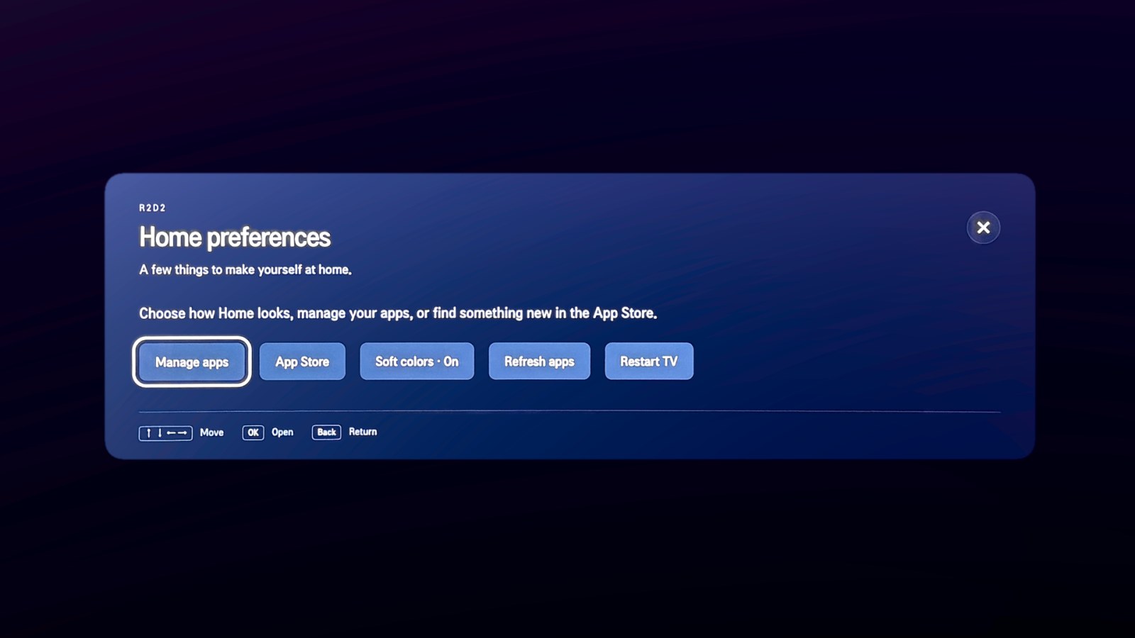 The Home preferences panel on the TV: 'A few things to make yourself at home.' with five buttons: Manage apps, App Store, Soft colors On, Refresh apps and Restart TV.