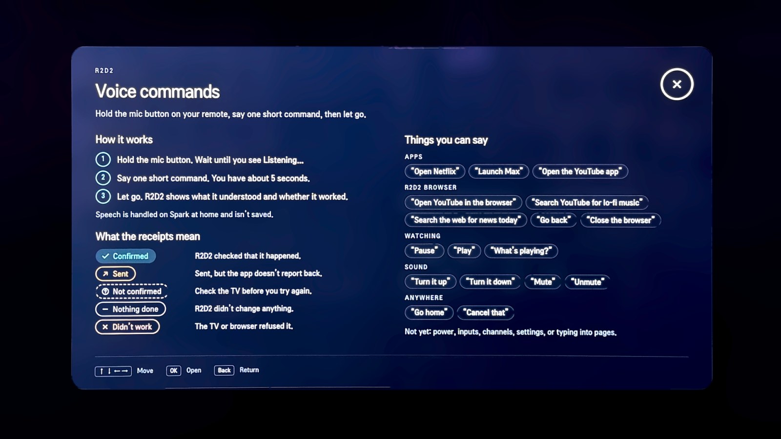 The Voice commands panel on the TV: how it works in three steps, what each receipt means (Confirmed, Sent, Not confirmed, Nothing done, Didn't work), and example phrases grouped by apps, browser, watching, sound and anywhere.